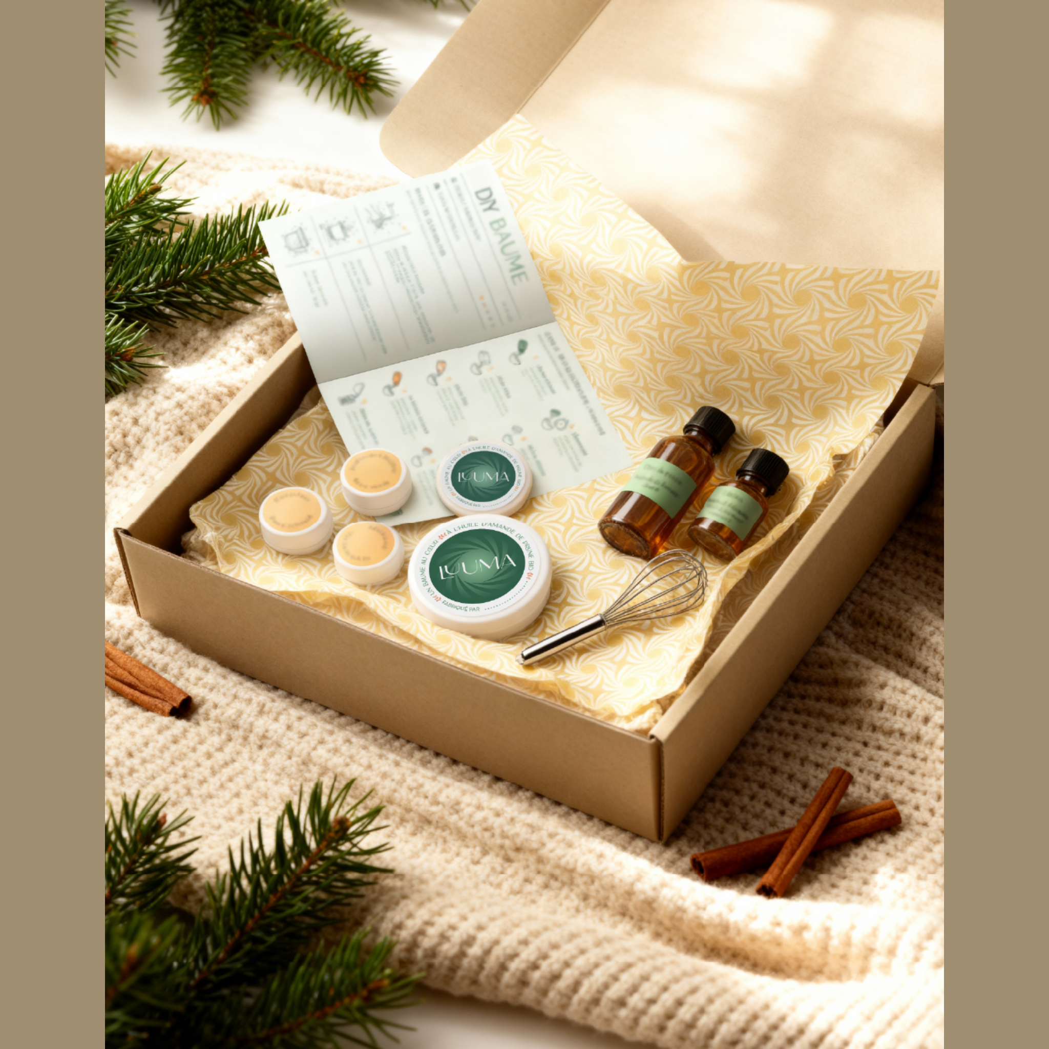 Boite du kit du baume ouverte avec ingrédients