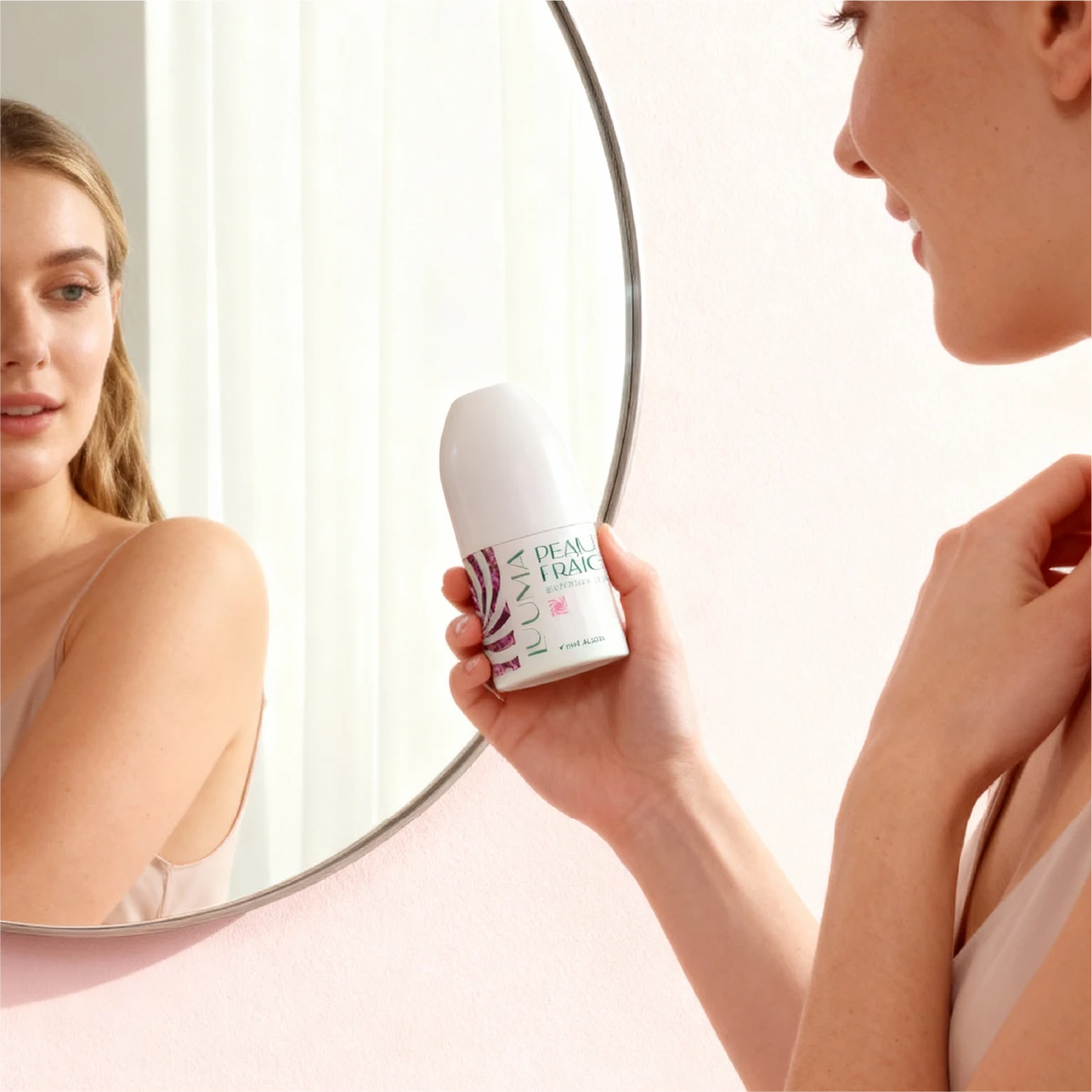 Déo palmarosa tenue par une femme devant un miroir