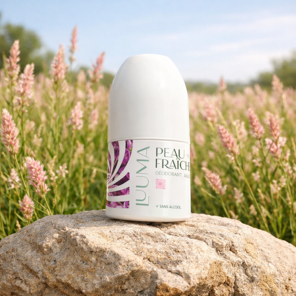 le déo palmarosa est posé sur un rocher dans un champ de fleurs