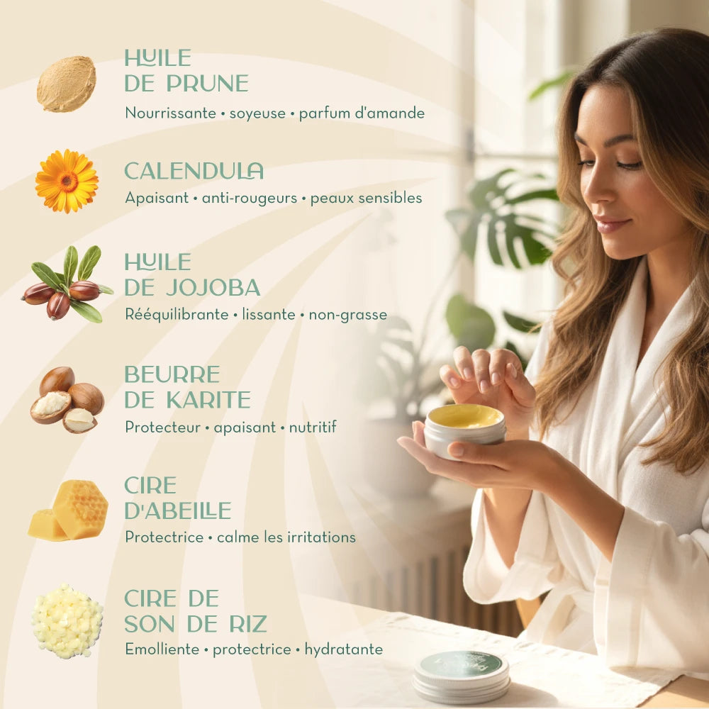 Liste des ingrédients et bienfaits du baume à l'huile de noyau de prune