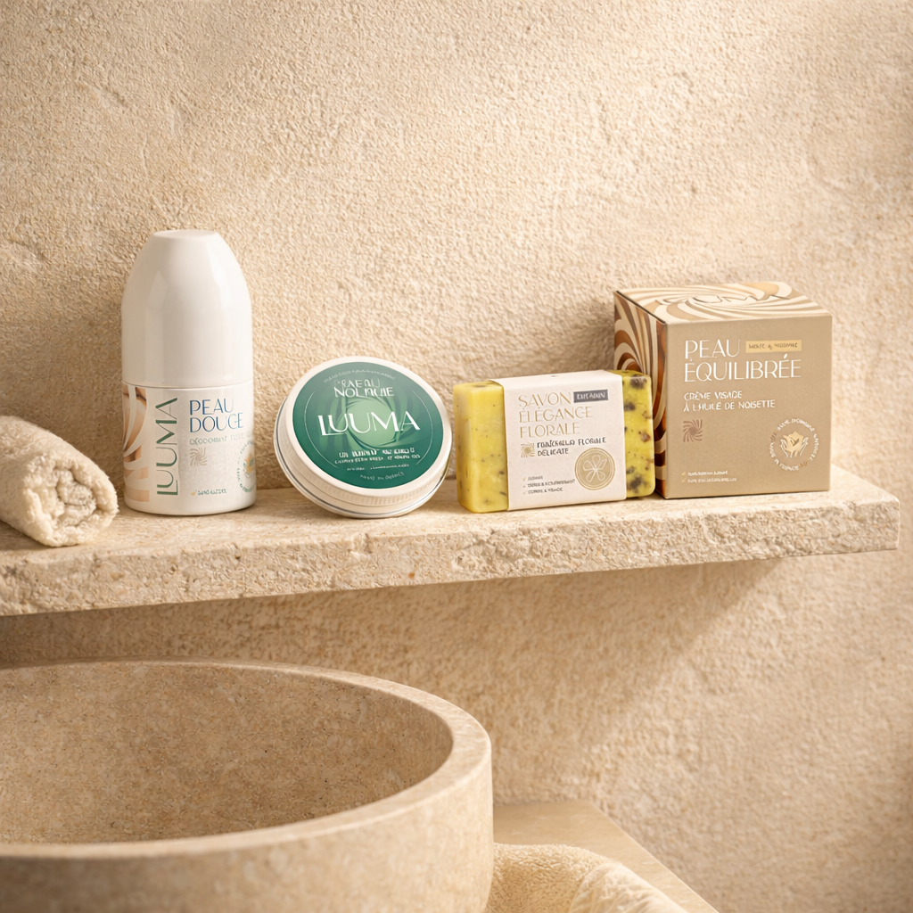 pack découverte posé sur une étagère de salle de bain