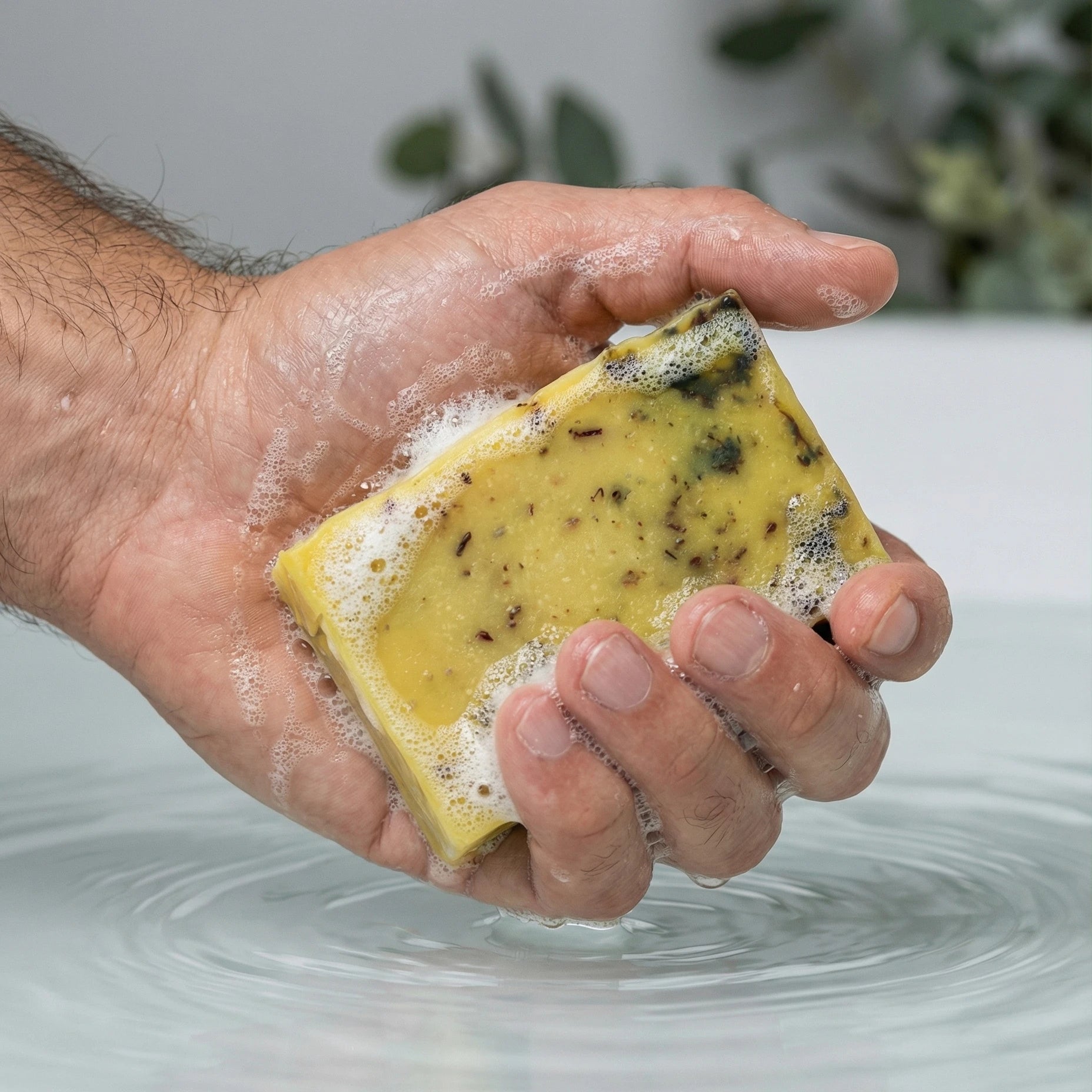 Savon au jasmin mousseux tenu dans une main