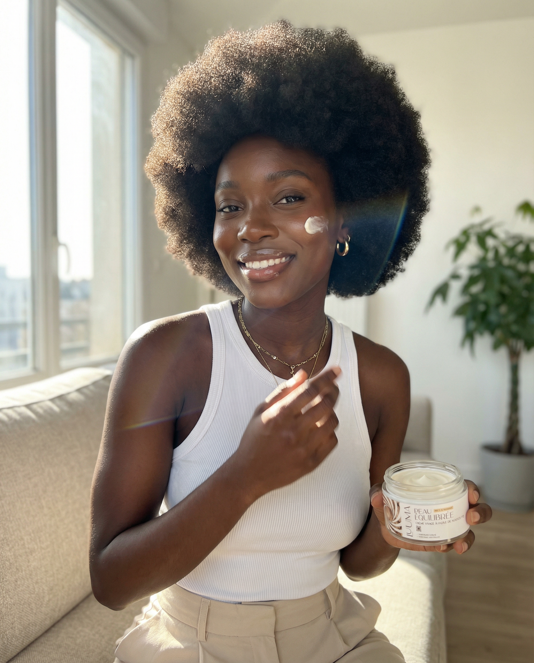 Une jeune femme sourit face camera, la creme en mains