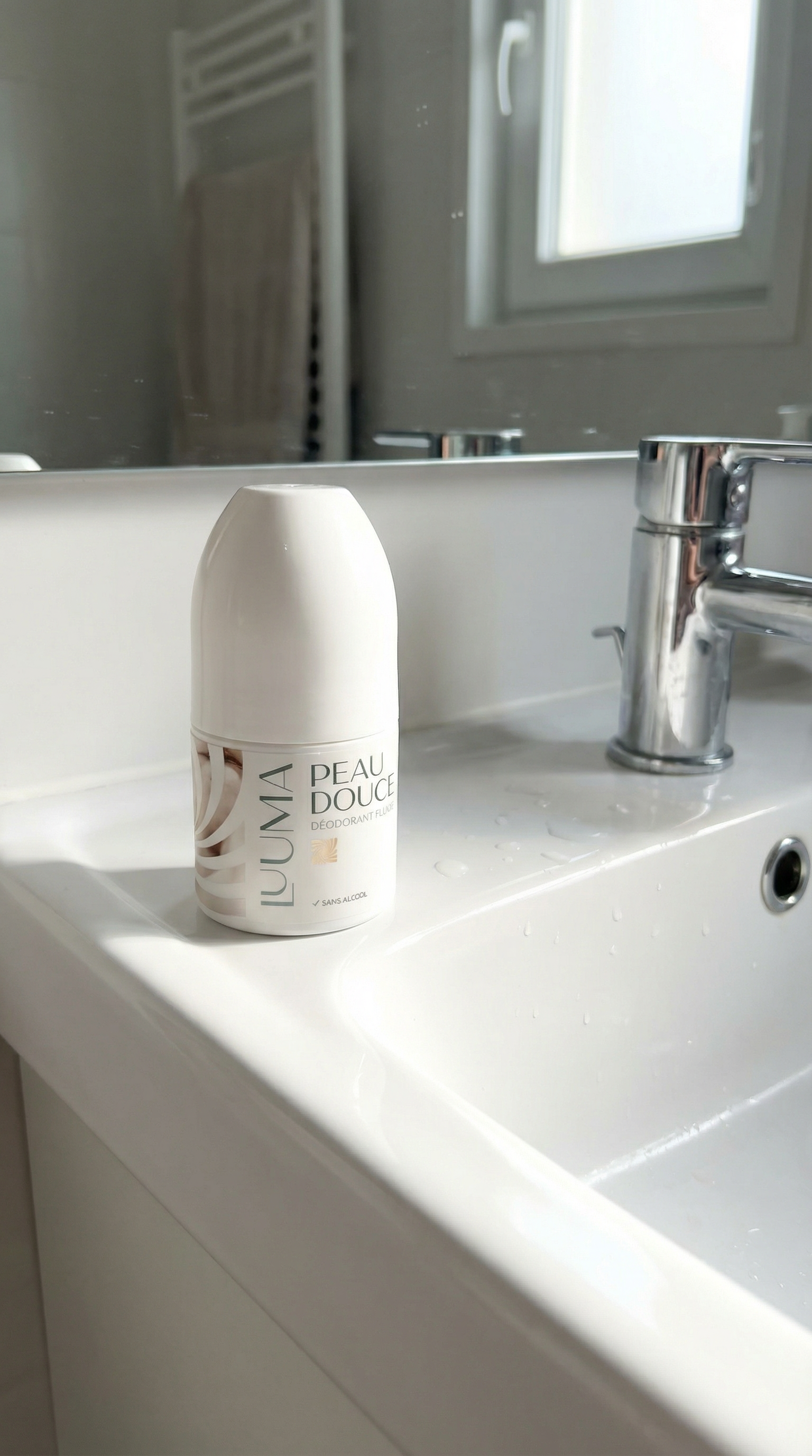 Le deo coton est posé sur un lavabo