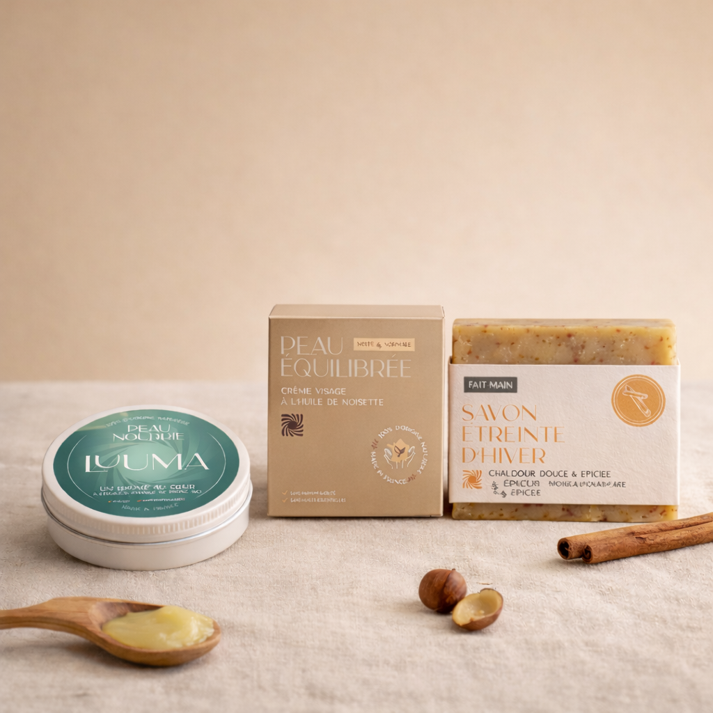 Coffret rituel avec les 3 produits debouts avec leurs ingrédients