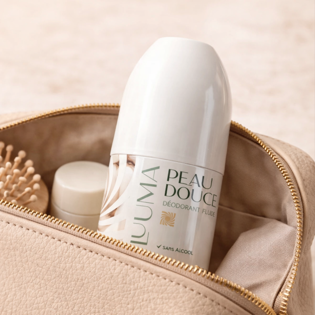 le deo fleur de coton dépasse d'une trousse de toilette