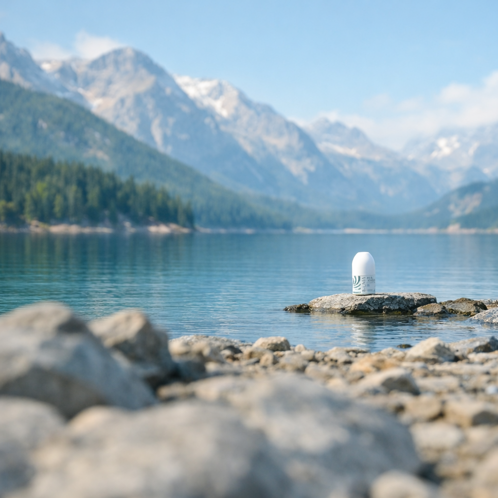 le deo sans odeur est sur un rocher devant un lac de montagne