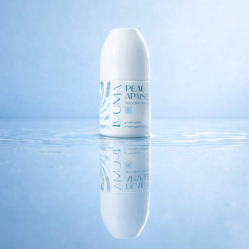 le deo sans odeur est devant une flaque d'eau où l'on voit son reflet