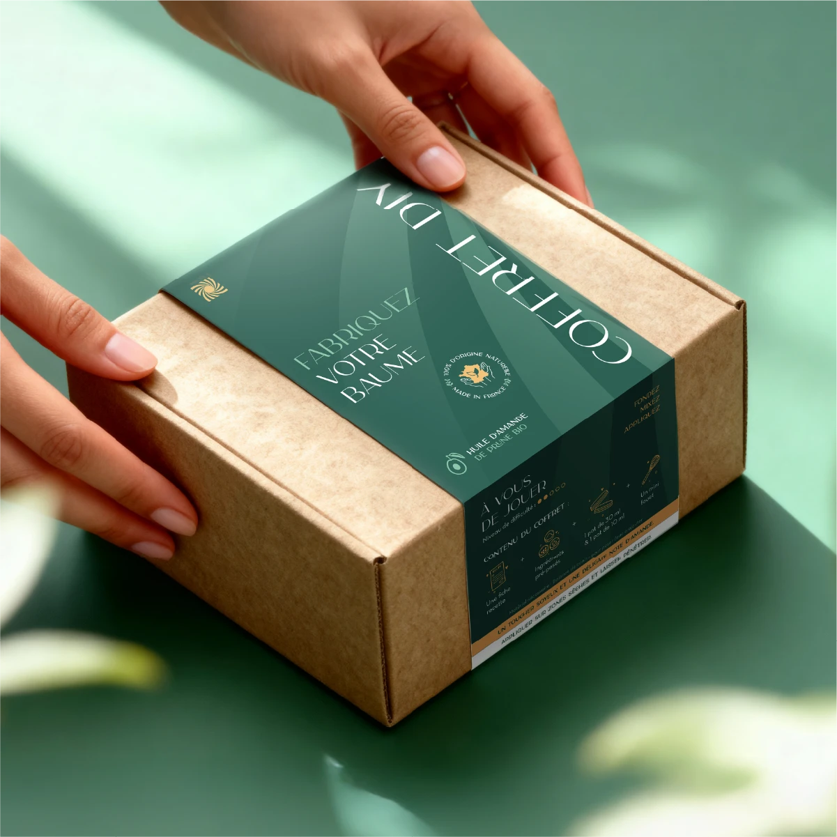 Boite du kit du baume à l'huile d'amande de prune avec deux mains