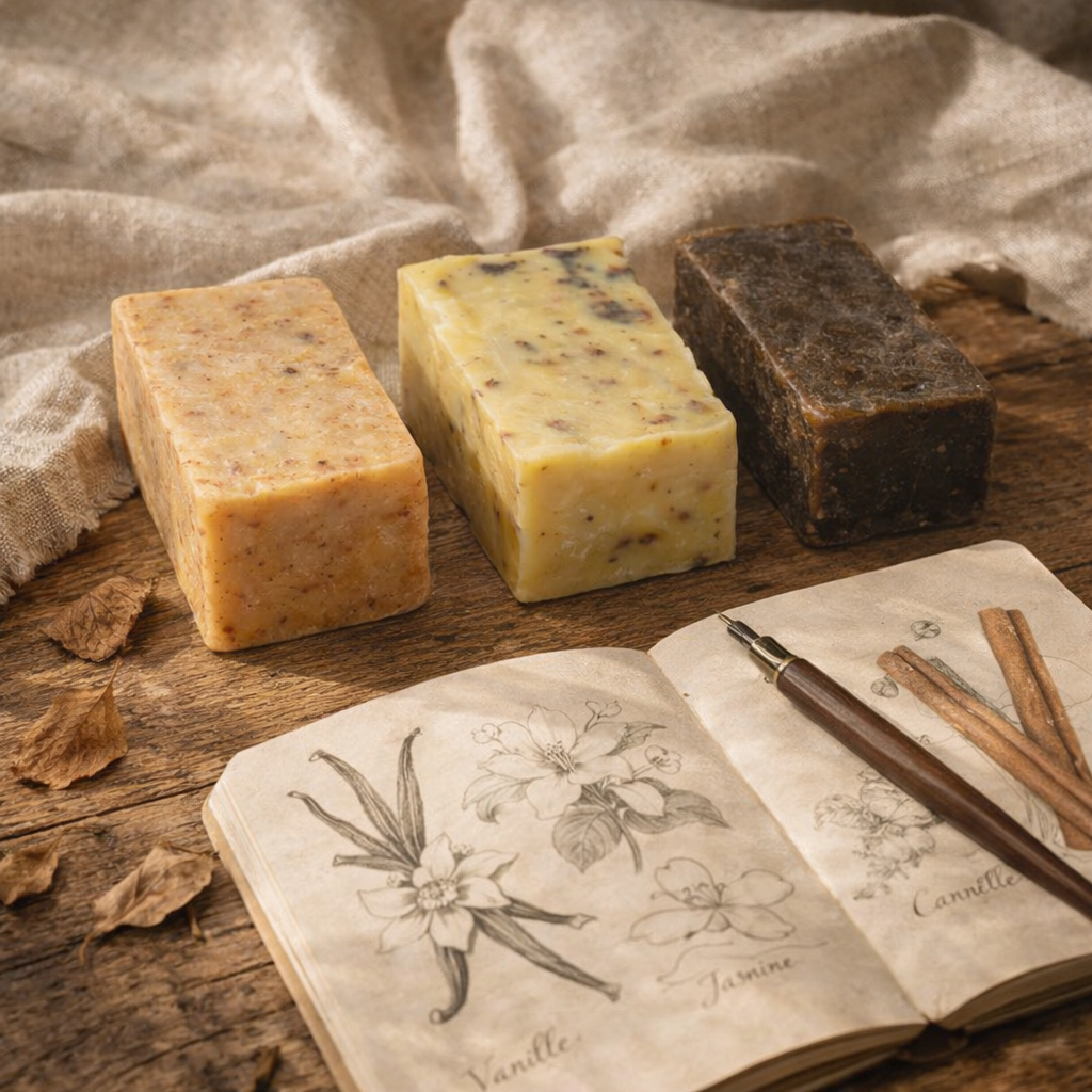 3 savons posés devant des dessins de fleurs de jasmin