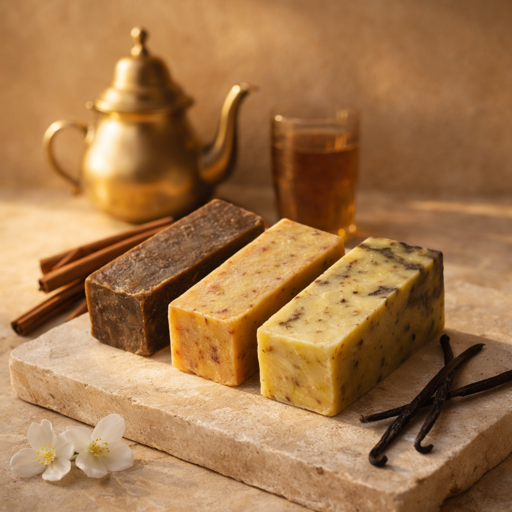 Les 3 savons sont posés autour d'une ambiance orientale