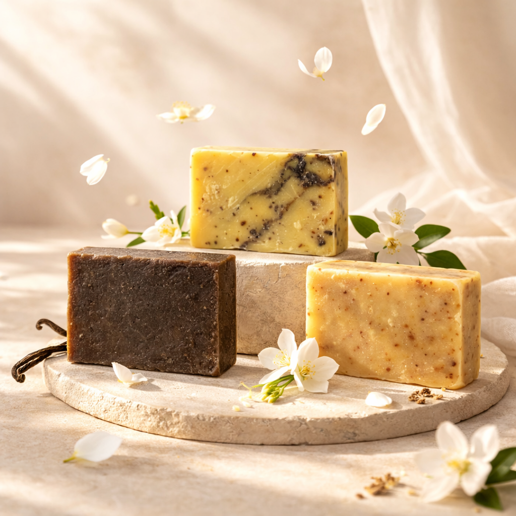 3 savons posés sur des pierres entouré de fleurs de jasmin