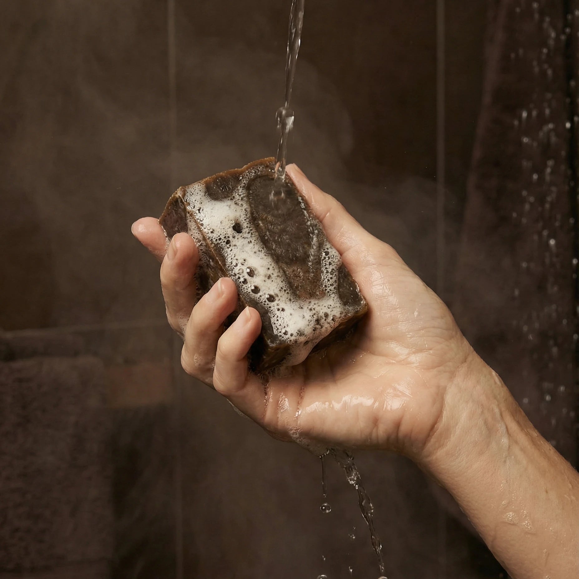Savon à la vanille mousseux dans une main sous un jet d'eau