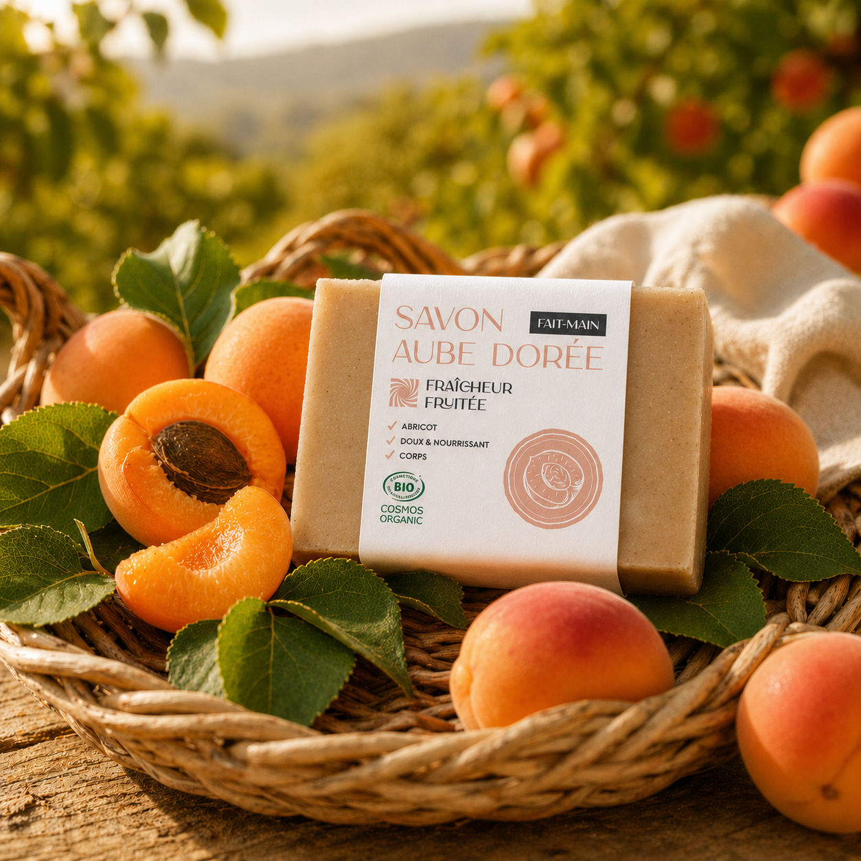 Notre savon à l'abricot est posé dans un panier et entouré d'abricots