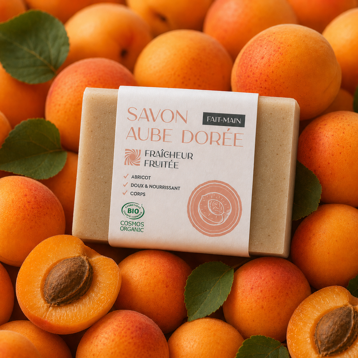 Savon abricot sur un lit de dizaines d'abricots