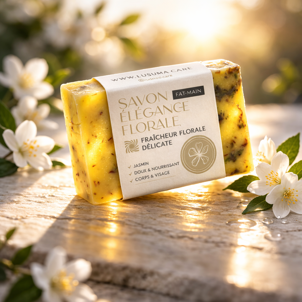 savon au jasmin posé sur une pierre entourée de fleurs de jasmin