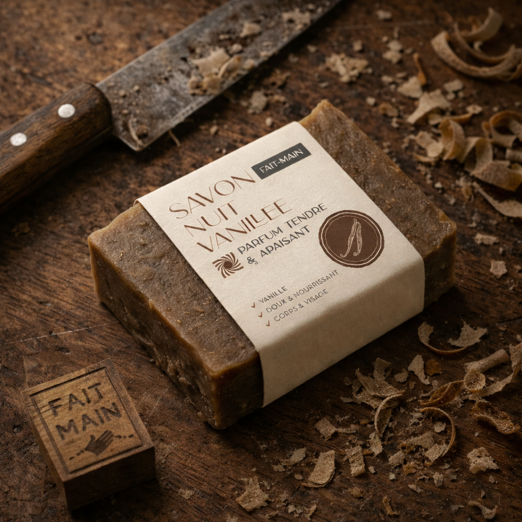 savon à la vanille couché sur une planche a découpée avec un couteau et des copeaux