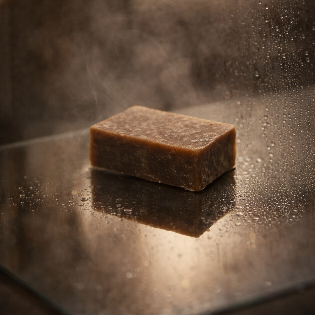 savon a la vanille posé sur le rebord d'une douche