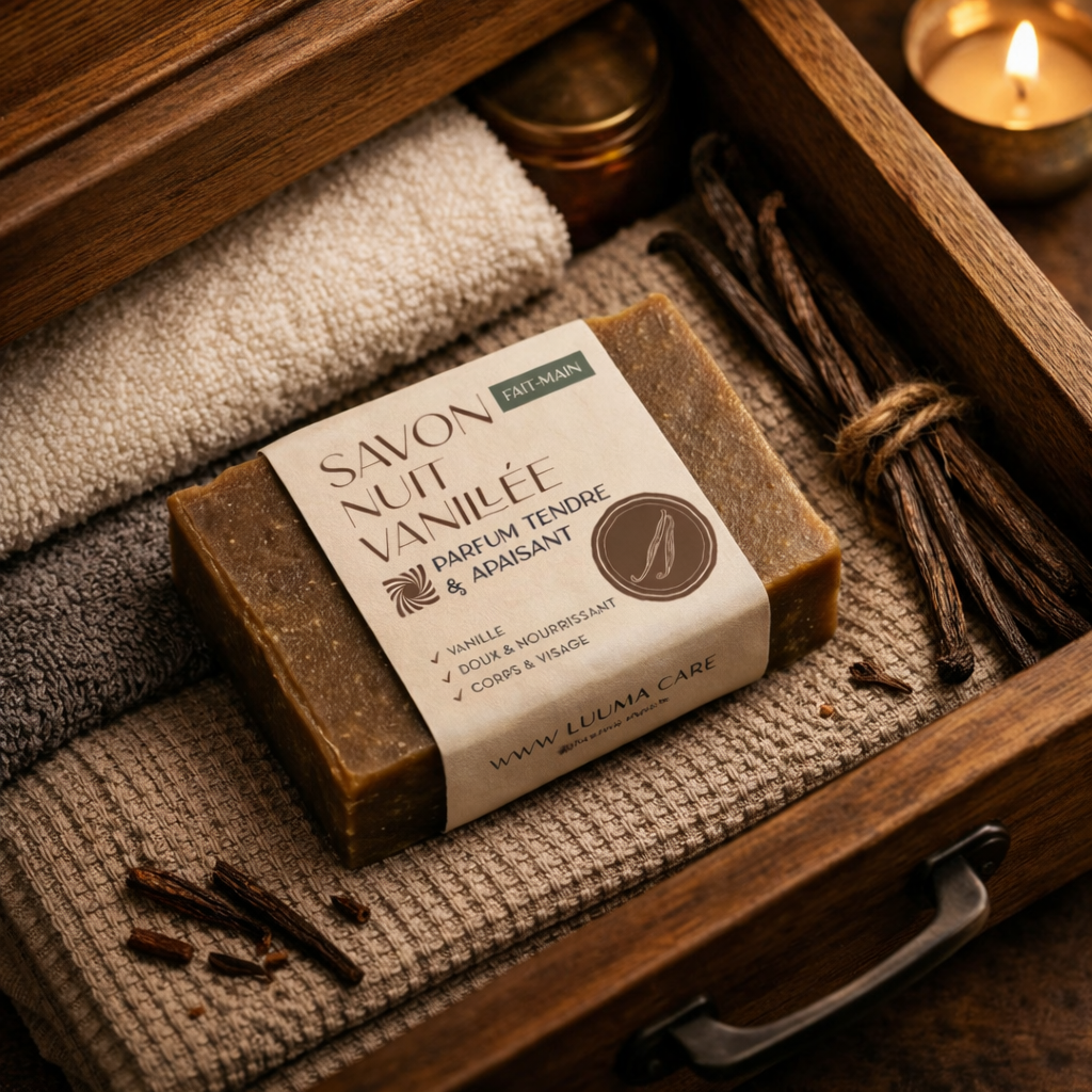 savon a la vanille dans un tiroir avec des serviettes