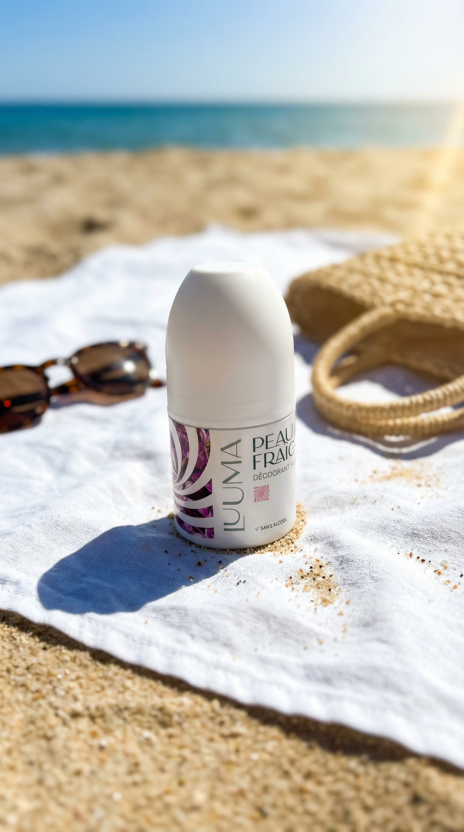 Le deo au palmarosa est posé sur une serviette sur le sable